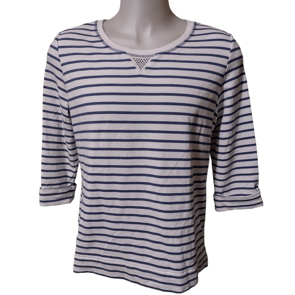 Rebecca Malone 3/4 Sleeve Top Shirt Woman's Size Large Blue White Stripes Casual